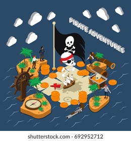 Pirate adventures isometric composition with skull on black flag golden coins compass sailing ship binoculars handgun islands vector illustration 