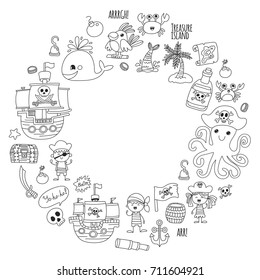 Pirate adventures Pirate party Kindergarten pirate party for children Adventure, treasure, pirates, octopus, whale, ship Kids drawing vector pattern