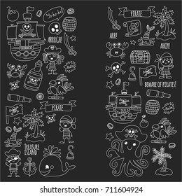 Pirate adventures Pirate party Kindergarten pirate party for children Adventure, treasure, pirates, octopus, whale, ship Kids drawing vector pattern