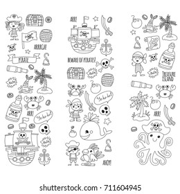 Pirate adventures Pirate party Kindergarten pirate party for children Adventure, treasure, pirates, octopus, whale, ship Kids drawing vector pattern