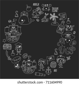 Pirate adventures Pirate party Kindergarten pirate party for children Adventure, treasure, pirates, octopus, whale, ship Kids drawing vector pattern