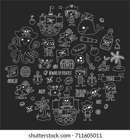 Pirate adventures Pirate party Kindergarten pirate party for children Adventure, treasure, pirates, octopus, whale, ship Kids drawing vector pattern