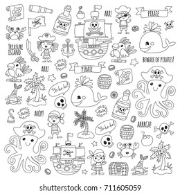 Pirate Adventures Pirate Party Kindergarten Pirate Party For Children Adventure, Treasure, Pirates, Octopus, Whale, Ship Kids Drawing Vector Pattern