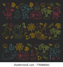 Pirate adventures Pirate party Kindergarten pirate party for children Adventure, treasure, pirates, octopus, whale, ship Kids drawing vector pattern for banners, leaflets, brochure, invitations