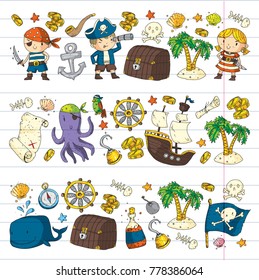 Pirate adventures Pirate party Kindergarten pirate party for children Adventure, treasure, pirates, octopus, whale, ship Kids drawing vector pattern for banners, leaflets, brochure, invitations