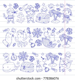 Pirate adventures Pirate party Kindergarten pirate party for children Adventure, treasure, pirates, octopus, whale, ship Kids drawing vector pattern for banners, leaflets, brochure, invitations