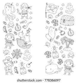 Pirate adventures Pirate party Kindergarten pirate party for children Adventure, treasure, pirates, octopus, whale, ship Kids drawing vector pattern for banners, coloring pages, book