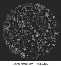 Pirate adventures Pirate party Kindergarten pirate party for children Adventure, treasure, pirates, octopus, whale, ship Kids drawing vector pattern for banners, leaflets, brochure, invitations