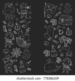 Pirate adventures Pirate party Kindergarten pirate party for children Adventure, treasure, pirates, octopus, whale, ship Kids drawing vector pattern for banners, leaflets, brochure, invitations