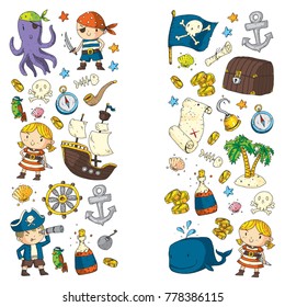 Pirate adventures Pirate party Kindergarten pirate party for children Adventure, treasure, pirates, octopus, whale, ship Kids drawing vector pattern for banners, leaflets, brochure, invitations