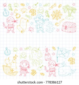 Pirate adventures Pirate party Kindergarten pirate party for children Adventure, treasure, pirates, octopus, whale, ship Kids drawing vector pattern for banners, leaflets, brochure, invitations