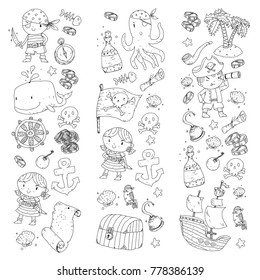 Pirate adventures Pirate party Kindergarten pirate party for children Adventure, treasure, pirates, octopus, whale, ship Kids drawing vector pattern for banners, leaflets, brochure, invitations