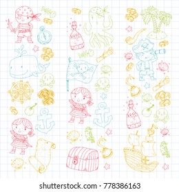 Pirate adventures Pirate party Kindergarten pirate party for children Adventure, treasure, pirates, octopus, whale, ship Kids drawing vector pattern for banners, leaflets, brochure, invitations