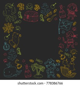 Pirate adventures Pirate party Kindergarten pirate party for children Adventure, treasure, pirates, octopus, whale, ship Kids drawing vector pattern for banners, leaflets, brochure, invitations