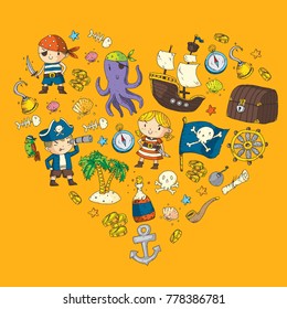 Pirate adventures Pirate party Kindergarten pirate party for children Adventure, treasure, pirates, octopus, whale, ship Kids drawing vector pattern for banners, leaflets, brochure, invitations
