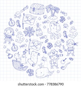 Pirate adventures Pirate party Kindergarten pirate party for children Adventure, treasure, pirates, octopus, whale, ship Kids drawing vector pattern for banners, leaflets, brochure, invitations