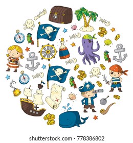 Pirate adventures Pirate party Kindergarten pirate party for children Adventure, treasure, pirates, octopus, whale, ship Kids drawing vector pattern for banners, leaflets, brochure, invitations