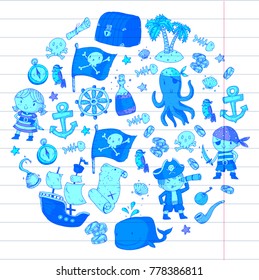 Pirate adventures Pirate party Kindergarten pirate party for children Adventure, treasure, pirates, octopus, whale, ship Kids drawing vector pattern for banners, leaflets, brochure, invitations