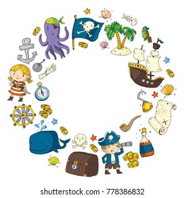 Pirate adventures Pirate party Kindergarten pirate party for children Adventure, treasure, pirates, octopus, whale, ship Kids drawing vector pattern for banners, leaflets, brochure, invitations