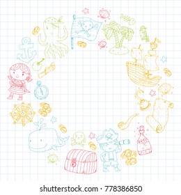 Pirate adventures Pirate party Kindergarten pirate party for children Adventure, treasure, pirates, octopus, whale, ship Kids drawing vector pattern for banners, leaflets, brochure, invitations