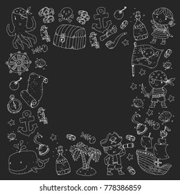 Pirate adventures Pirate party Kindergarten pirate party for children Adventure, treasure, pirates, octopus, whale, ship Kids drawing vector pattern for banners, leaflets, brochure, invitations