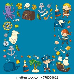 Pirate adventures Pirate party Kindergarten pirate party for children Adventure, treasure, pirates, octopus, whale, ship Kids drawing vector pattern for banners, leaflets, brochure, invitations