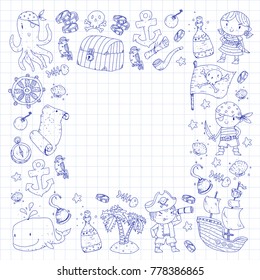 Pirate adventures Pirate party Kindergarten pirate party for children Adventure, treasure, pirates, octopus, whale, ship Kids drawing vector pattern for banners, leaflets, brochure, invitations
