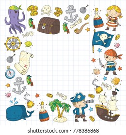 Pirate adventures Pirate party Kindergarten pirate party for children Adventure, treasure, pirates, octopus, whale, ship Kids drawing vector pattern for banners, leaflets, brochure, invitations