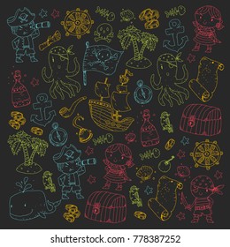Pirate adventures Pirate party Kindergarten pirate party for children Adventure, treasure, pirates, octopus, whale, ship Kids drawing vector pattern for banners, leaflets, brochure, invitations