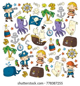 Pirate adventures Pirate party Kindergarten pirate party for children Adventure, treasure, pirates, octopus, whale, ship Kids drawing vector pattern for banners, leaflets, brochure, invitations