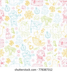 Pirate adventures Pirate party Kindergarten pirate party for children Adventure, treasure, pirates, octopus, whale, ship Kids drawing vector pattern for banners, leaflets, brochure, invitations