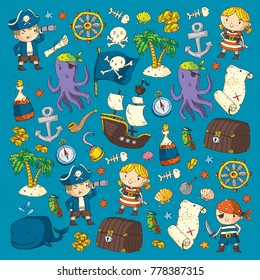 Pirate adventures Pirate party Kindergarten pirate party for children Adventure, treasure, pirates, octopus, whale, ship Kids drawing vector pattern for banners, leaflets, brochure, invitations