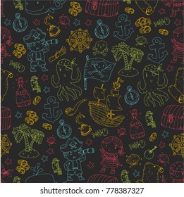 Pirate adventures Pirate party Kindergarten pirate party for children Adventure, treasure, pirates, octopus, whale, ship Kids drawing vector pattern for banners, leaflets, brochure, invitations