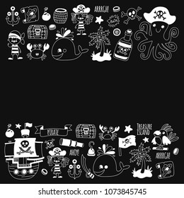 Pirate adventures. Vector icons for kids party. Boys and girls, small kindergarten children. Ship, parrots, treasure chest, octopus, crab Travel exploration