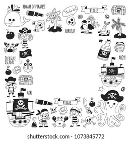 Pirate adventures. Vector icons for kids party. Boys and girls, small kindergarten children. Ship, parrots, treasure chest, octopus, crab Travel exploration