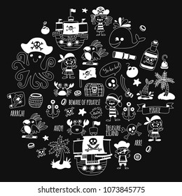 Pirate adventures. Vector icons for kids party. Boys and girls, small kindergarten children. Ship, parrots, treasure chest, octopus, crab Travel exploration