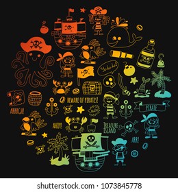 Pirate adventures. Vector icons for kids party. Boys and girls, small kindergarten children. Ship, parrots, treasure chest, octopus, crab Travel exploration