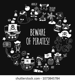 Pirate adventures. Vector icons for kids party. Boys and girls, small kindergarten children. Ship, parrots, treasure chest, octopus, crab Travel exploration