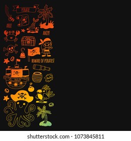 Pirate adventures. Vector icons for kids party. Boys and girls, small kindergarten children. Ship, parrots, treasure chest, octopus, crab Travel exploration