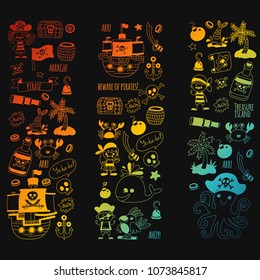 Pirate adventures. Vector icons for kids party. Boys and girls, small kindergarten children. Ship, parrots, treasure chest, octopus, crab Travel exploration