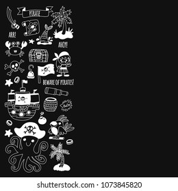 Pirate adventures. Vector icons for kids party. Boys and girls, small kindergarten children. Ship, parrots, treasure chest, octopus, crab Travel exploration