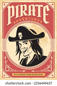 Pirate adventures vintage style book cover design template. Retro poster with pirate portrait and antique ornaments on old paper texture. Vector illustration.