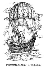 Pirate airship - hand drawn vector illustration, isolated on white