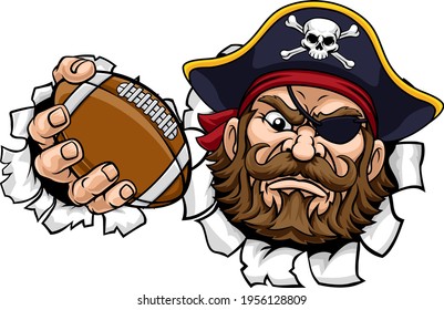 A pirate American football sports mascot cartoon character holding a ball