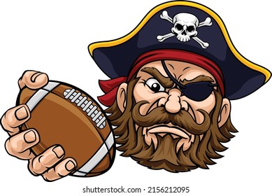A pirate American football sports mascot cartoon character holding a ball