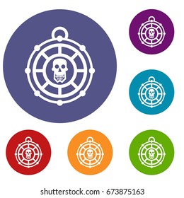 Pirate amulet icons set in flat circle reb, blue and green color for web