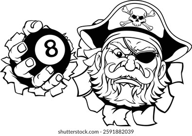 A pirate angry mean pool billiards mascot cartoon character holding a black 8 ball. 