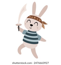 Pirate animal clipart. Rabbit clipart. Pirate rabbit in cartoon flat style. Hand drawn vector illustration.