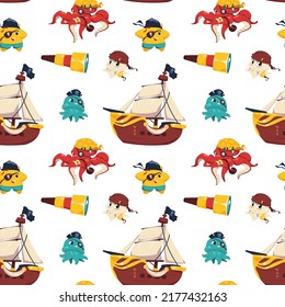 Pirate animals pattern. Seamless of nautical underwater animals in pirate costumes, children illustration of octopus fish monkey parrot. Vector texture of animal seamless pirate pattern illustration