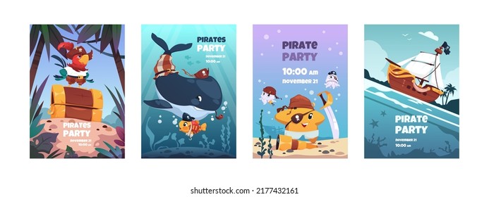 Pirate animals posters. Cartoon cute marine characters in pirate costumes, summer party banners and invitations. Vector flyers with funny animals of kid party card, pirate mascot illustration